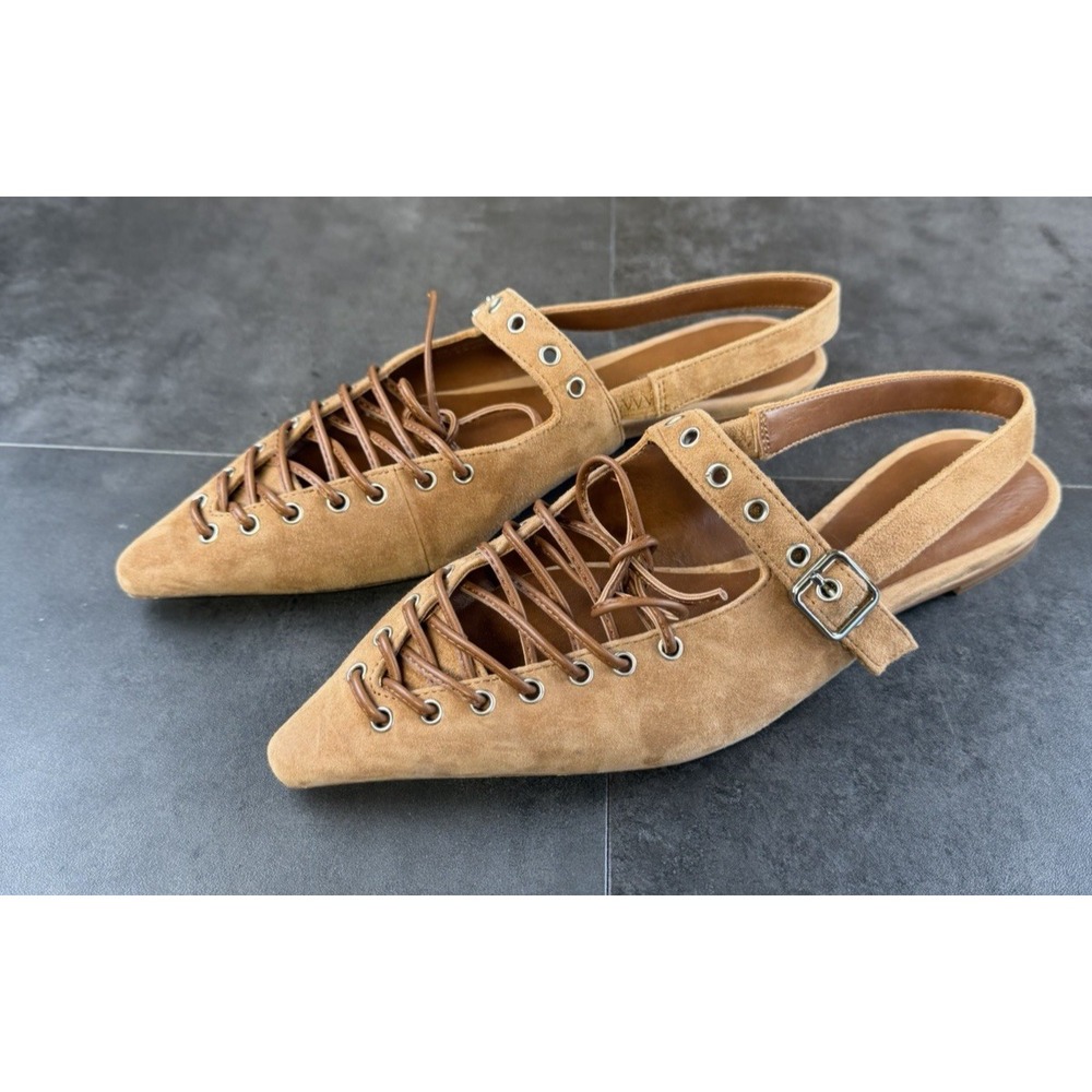 Jeffry Campbell Lauren Tan Suede Laced Slingback Free People Flats-Sz 7.0